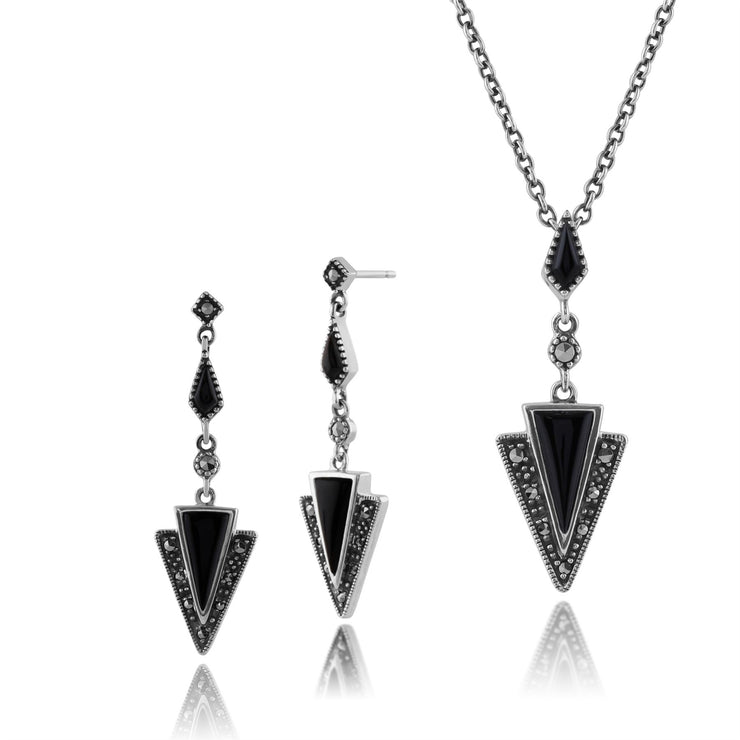 Collier et Boucles d'Oreilles Pendantes Traingle Style Art Déco Argent 925 Onyx Noire et Marcassite