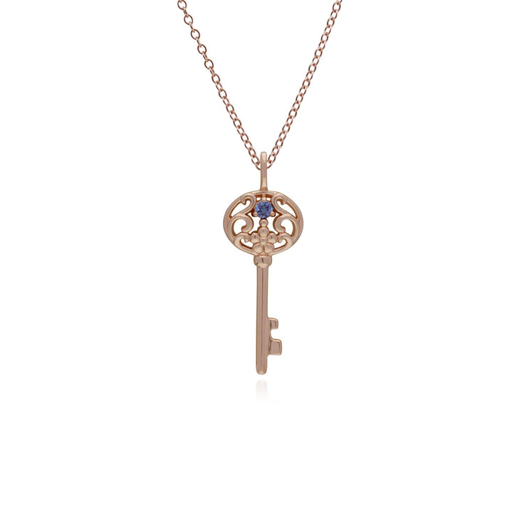 Pendentif Classique Cadenas Cœur Torsadé Argent 925 Plaqué Or Rose et Charms Grande Clé Tanzanite