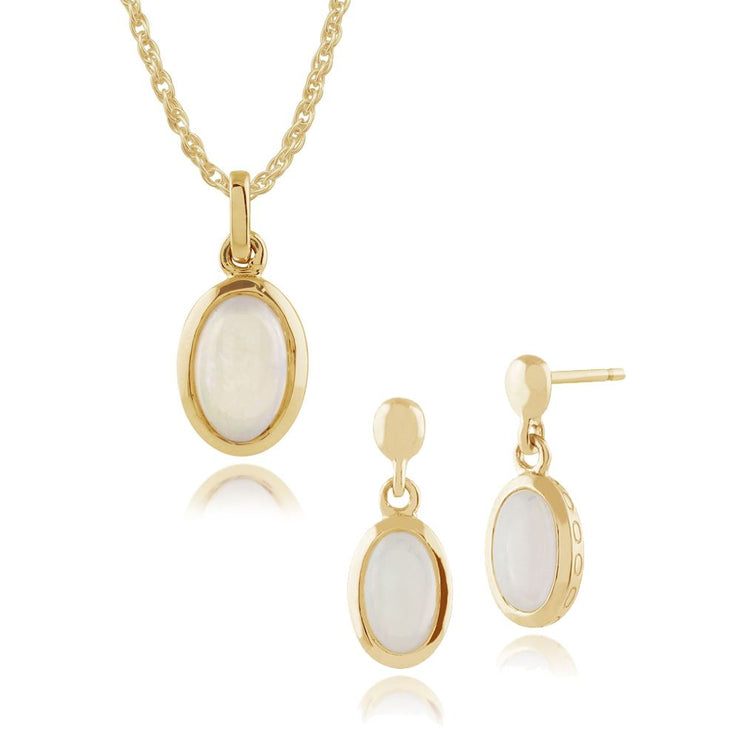 Pendentif et Boucles d'Oreilles Pendantes Classique Or Jaune 375 Opale Ovale sertis Clos