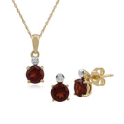 Pendentif et Boucles d'Oreilles Clou Classique Or Jaune 375 Grenat Rond et Diamant