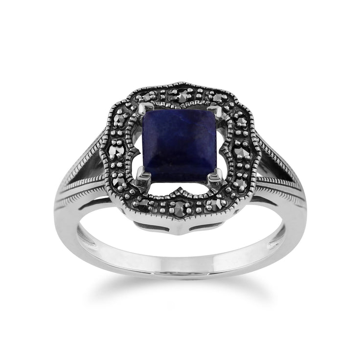 Gemondo Art Déco Bague, 925 Sterling Silver 0.58ct Lapis Lazuli & Marcassite Art Déco Bague