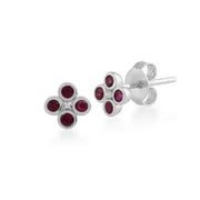 Bague et Boucles d'Oreilles Clou Trèfle Floral Argent 925 Rubis Rond