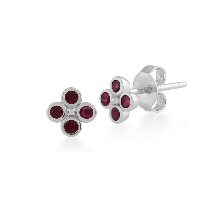 Bague et Boucles d'Oreilles Clou Trèfle Floral Argent 925 Rubis Rond