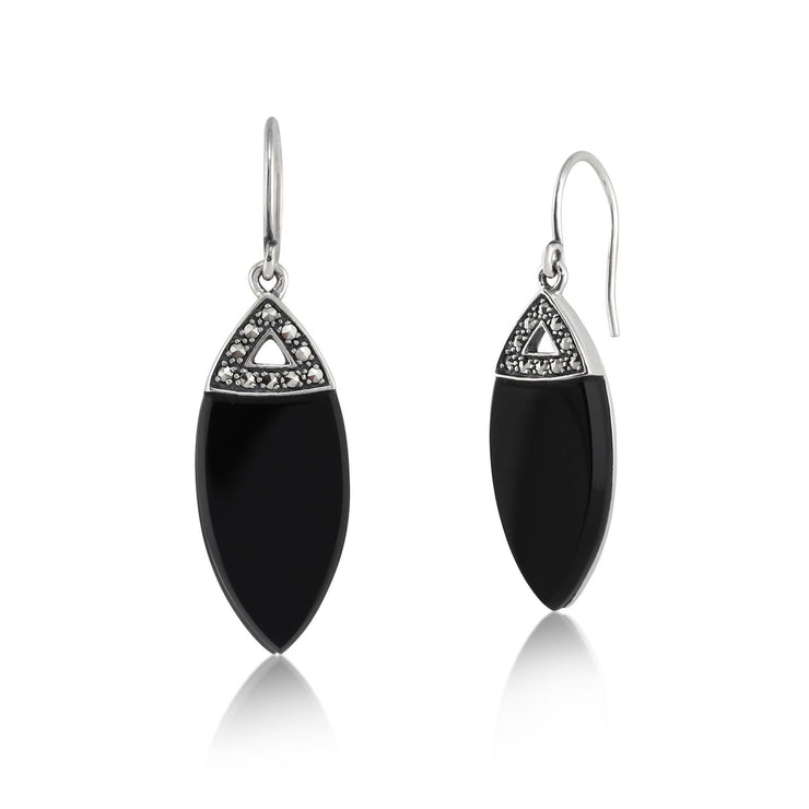 Boucles d'Oreilles Pendantes Style Art Nouveau Argent 925 Onyx Noir et Marcassite