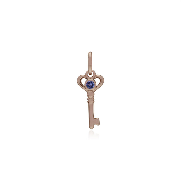 Pendentif Classique Argent 925 Plaqué Or Rose Petite Clé avec Tanzanite Rond