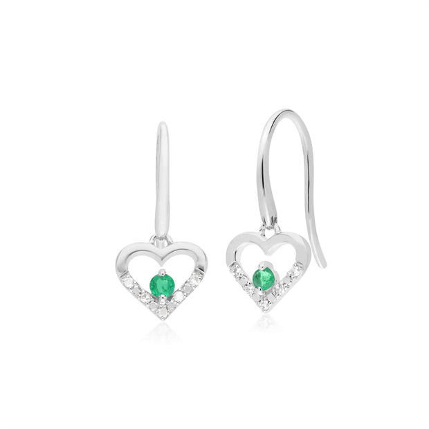 9 ct or Blanc Unique Émeraude & Diamant Boucles D'Oreilles Cœur Ouvert