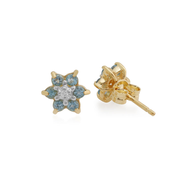 Boucles d'Oreilles Clou Floral Or Jaune 375 Topaz Bleu et Diamant Style Cluster