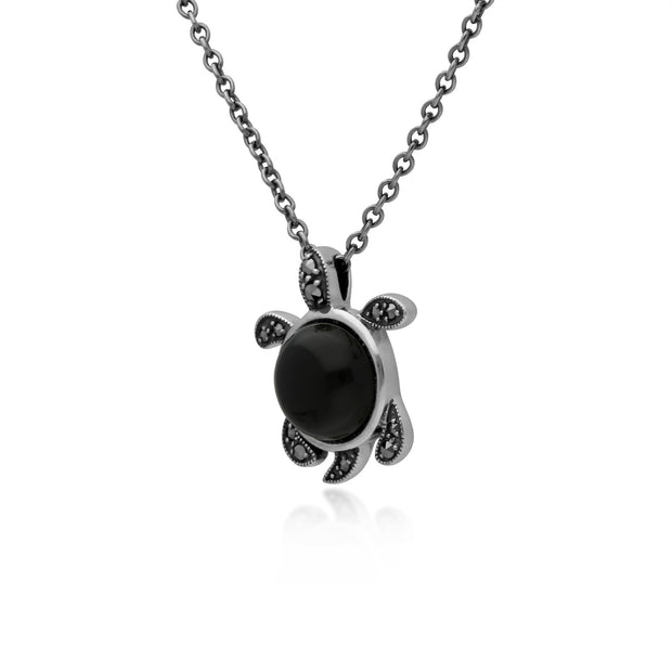 Onyx Collier, Argent Sterling 4ct Onyx Noir & 0.12ct Marcassite Tortue 45cm Collier