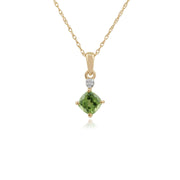 Pendentif et Boucles d'Oreilles Clou Classique Or Jaune 375 Péridot Coussin et Diamant