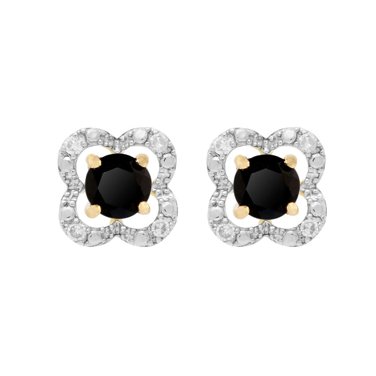 Boucles d'Oreilles Clou Onyx Noir Classique Or Jaune 375 et Ear-Jacket Fleur Diamant