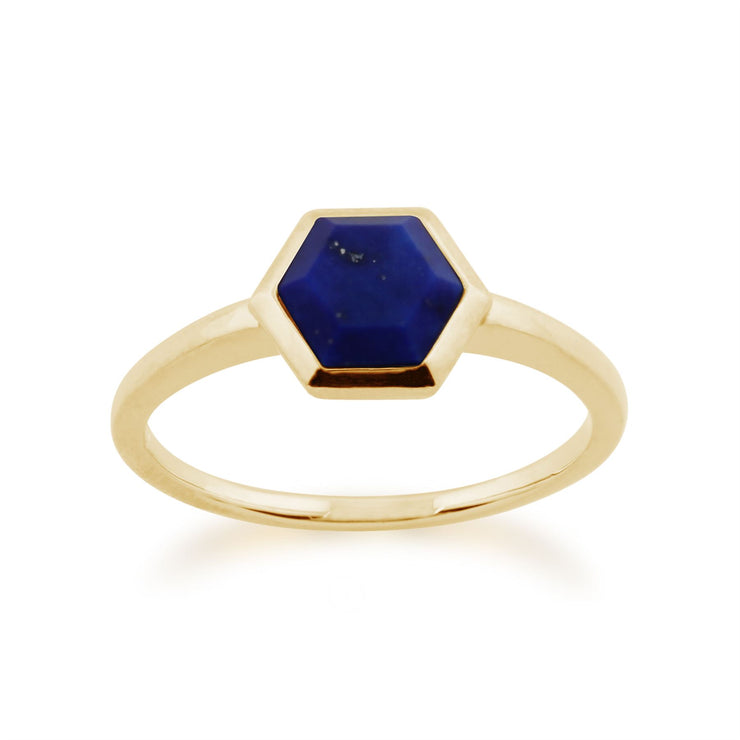 Bague Géométrique Argent Plaqué Or Lapis Lazuli Prisme Hexagonal