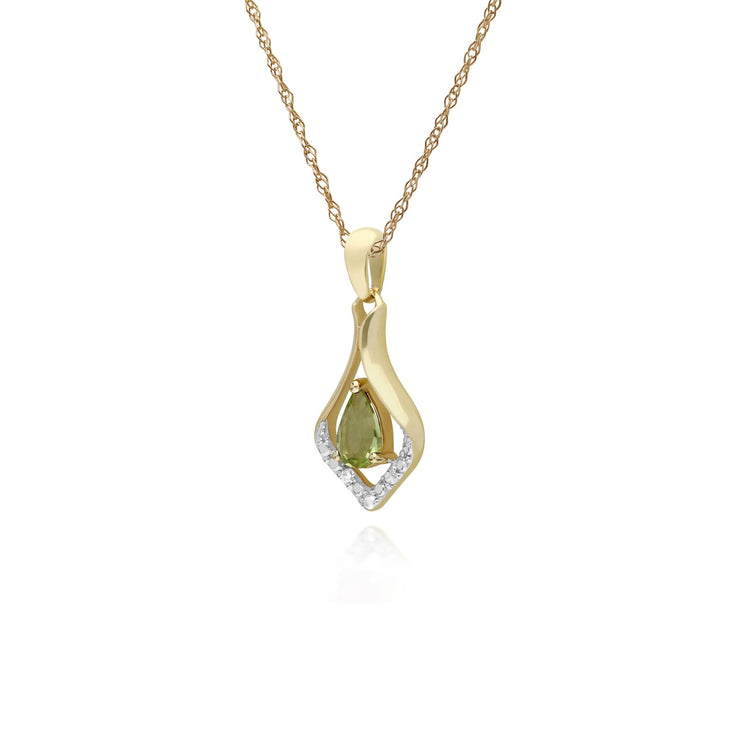 Péridot Collier, 9 CT or Jaune Rond Peridot & Diamant Classique Feuille Pendentif sur 45cm Chaîne