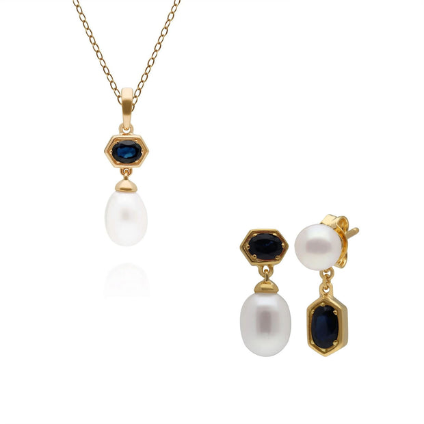Boucles d'Oreilles Clou et Pendentif Perle Moderne Argent 925 Plaqué Or Jaune Saphir et Perle