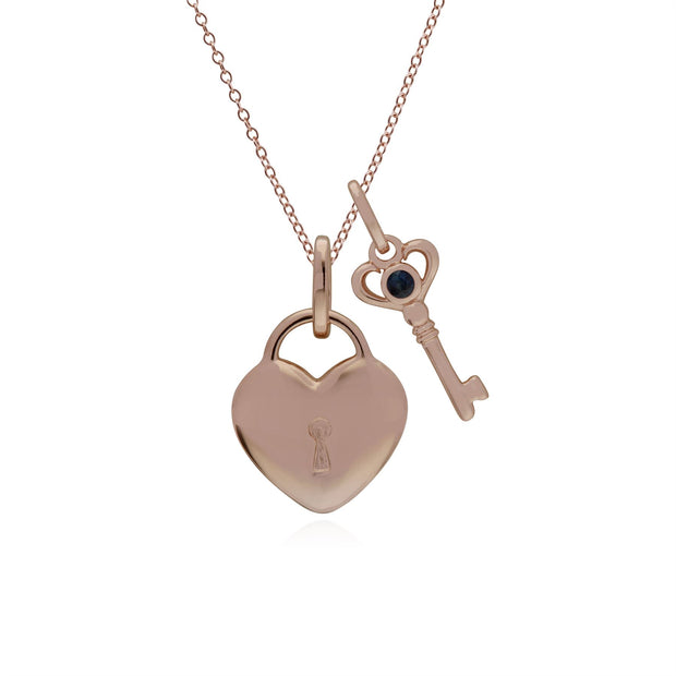 Pendentif Classique Cadenas Cœur Argent 925 Plaqué Or Rose et Charms Clé Saphir