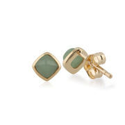 Boucles d'Oreilles Clou Classique Or Jaune 375 Jade Verte Coussin Serti Clos