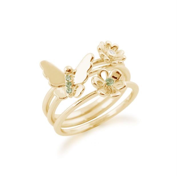 Set de Trois Bagues Empilables Floral Or Jaune 375 Péridot et Diamant Papillion et Fleurs
