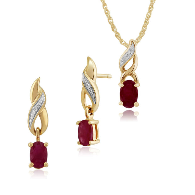 Pendentif et Boucles d'Oreilles Pendantes Torsadées Classique Or Jaune 375 Rubis Oval et Diamant