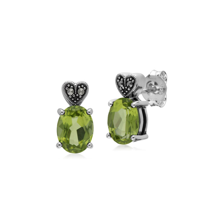 Pendentif et Boucles d'Oreilles Clou Style Art Déco Argent 925 Péridot Oval et Marcassite