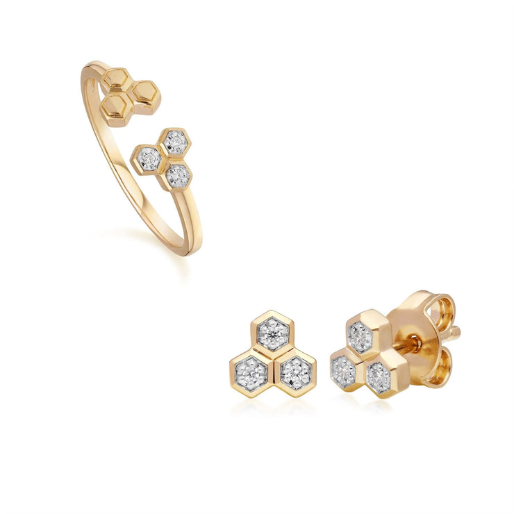 Bague et Boucles d'Oreilles Clou Trilogie Diamant Or Jaune 375 Diamant