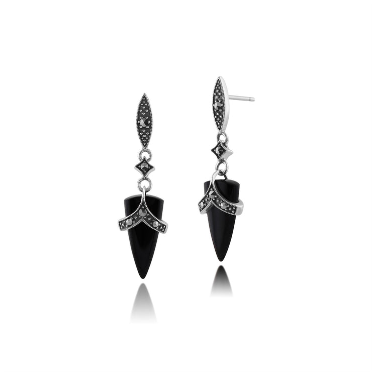 Pendentif et Boucles d'Oreilles Pendantes Style Art Déco Argent 925 Onyx Noire et Marcassite