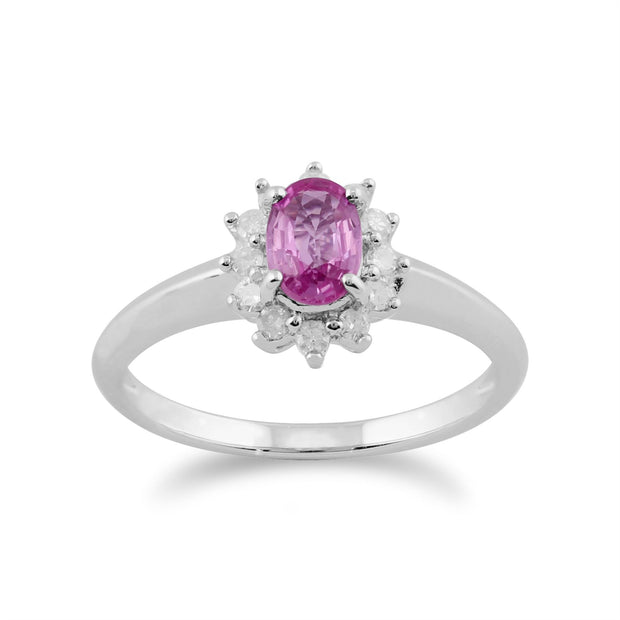 Bague Classique Or Blanc 375 Saphir rose et Diamant Halo