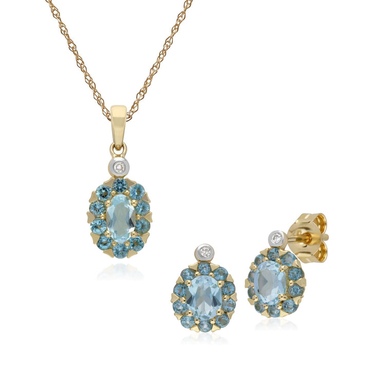 Boucles d'Oreilles Clou et Pendentif Classique Or Jaune 375 Topaze Bleue et Diamant Cluster